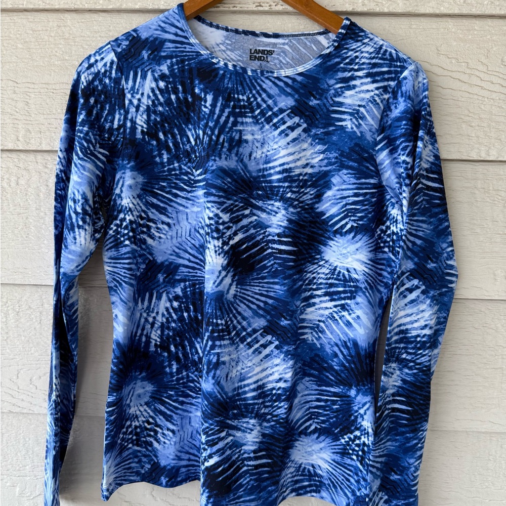Lands' End Blue Patterned Swim Rash Guard Long Sleeve